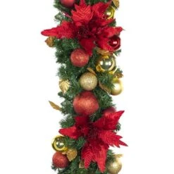 Decorated - 9' X 14" Oregon Fir Garland - Unlit - DELUXE Royal Poinsettia -Christmas Designers dg 914 del rgd ep 2 crop