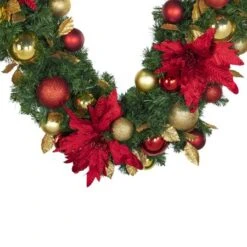 Decorated - 9' X 14" Oregon Fir Garland - Unlit - DELUXE Royal Poinsettia -Christmas Designers dg 914 del rgd ep crop