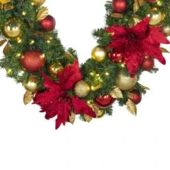 Decorated - 9' X 14" Oregon Fir Garland - LED - DELUXE Royal Poinsettia -Christmas Designers dg 914 led del rgd ep crop