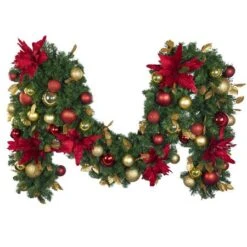 Decorated - 9' X 18" Oregon Fir Garland - Unlit - DELUXE Royal Poinsettia