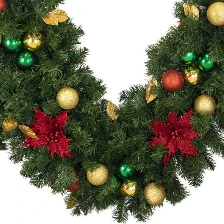 Decorated 9' X 18" Garland Unlit, Elegant Poinsettia 4 Decorated 9' X 18" Garland Unlit, Elegant Poinsettia - Image 2