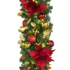 Decorated - 9' X 18" Oregon Fir Garland - LED - DELUXE Royal Poinsettia -Christmas Designers dg 918 led del rgd ep 2 crop