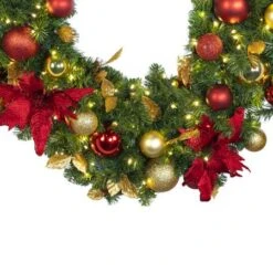 Decorated - 9' X 18" Oregon Fir Garland - LED - DELUXE Royal Poinsettia -Christmas Designers dg 918 led del rgd ep crop