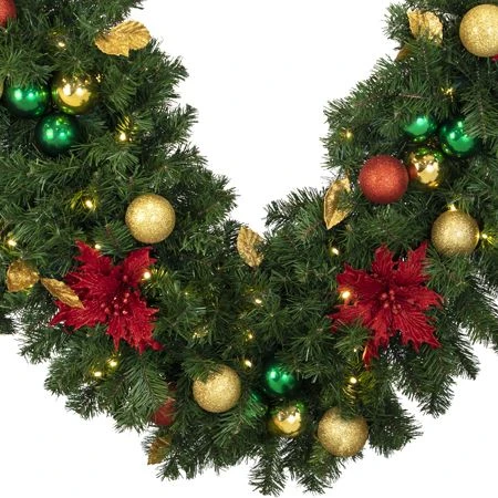 Decorated 9' X 18" Garland Lit, Elegant Poinsettia 4 Decorated 9' X 18" Garland Lit, Elegant Poinsettia - Image 2