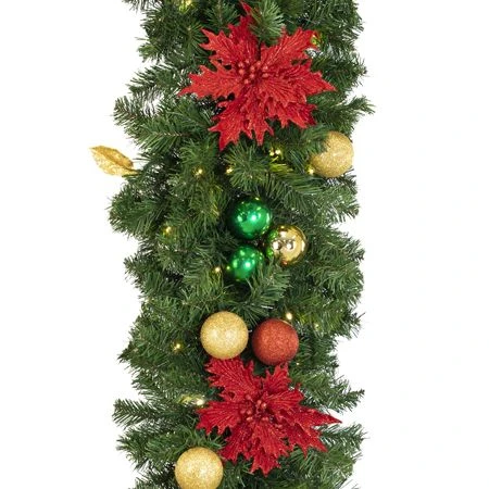 Decorated 9' X 18" Garland Lit, Elegant Poinsettia 5 Decorated 9' X 18" Garland Lit, Elegant Poinsettia - Image 3