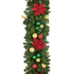 Decorated 9' X 18" Garland Lit, Elegant Poinsettia 10 Decorated 9' X 18" Garland Lit, Elegant Poinsettia -Christmas Designers dg 918 led ep d