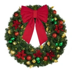 36" Lit LED Warm White Decorated Wreath - Elegant Poinsettia - Bow Option Available 8 36" Lit LED Warm White Decorated Wreath - Elegant Poinsettia - Bow Option Available -Christmas Designers dw 36 led ep b vb 12 r