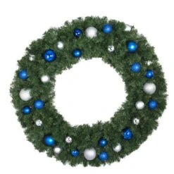 48" Unlit Decorated Wreath - Blue And Silver Décor - Bow Option Available