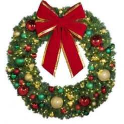 60" Lit LED Warm White Decorated Wreath - DELUXE Colors Of The Holidays - Bow Option Available -Christmas Designers dw 60 led del coth b vb 24 rgt