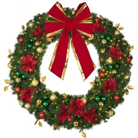 72" Lit LED Warm White Decorated Wreath - Elegant Poinsettia - Bow Option Available 4 72" Lit LED Warm White Decorated Wreath - Elegant Poinsettia - Bow Option Available - Image 2