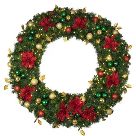72" Lit LED Warm White Decorated Wreath - Elegant Poinsettia - Bow Option Available 3 72" Lit LED Warm White Decorated Wreath - Elegant Poinsettia - Bow Option Available