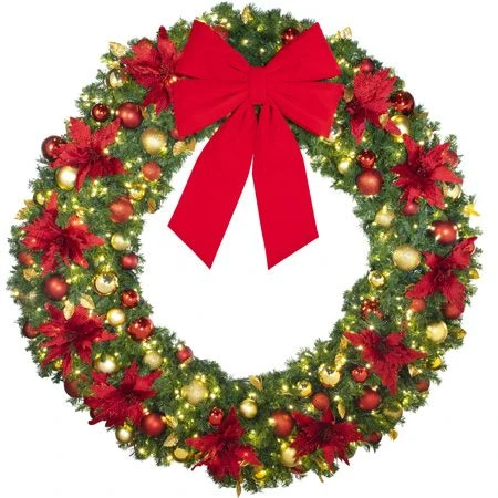 72" Lit LED Warm White Decorated Wreath - DELUXE Royal Poinsettia - Bow Option Available 4 72" Lit LED Warm White Decorated Wreath - DELUXE Royal Poinsettia - Bow Option Available - Image 2