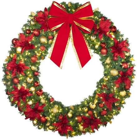 72" Lit LED Warm White Decorated Wreath - DELUXE Royal Poinsettia - Bow Option Available 5 72" Lit LED Warm White Decorated Wreath - DELUXE Royal Poinsettia - Bow Option Available - Image 3