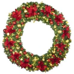 72" Lit LED Warm White Decorated Wreath - DELUXE Royal Poinsettia - Bow Option Available