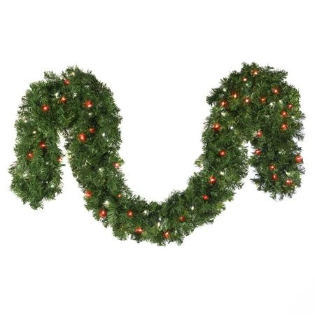 9' X 14", Deluxe Oregon Fir Garland, Lit-Pure White, Red 3 9' X 14", Deluxe Oregon Fir Garland, Lit-Pure White, Red