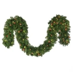 9' X 14", Deluxe Oregon Fir Garland, Lit-Warm White, Red