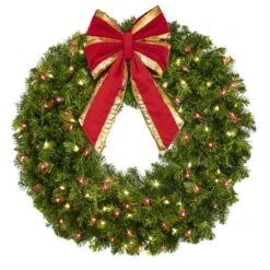 36" Lit Warm White And Red Deluxe Oregon Fir Wreath - Bow Option Available -Christmas Designers w 36 dofl wwr b vb 12 rgt