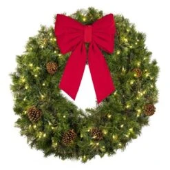 36" Lit Warm White Deluxe Mixed Pine Wreath - Bow Option Available -Christmas Designers w 36 mpl t ww b vb 12 r