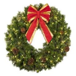 36" Lit Warm White Deluxe Mixed Pine Wreath - Bow Option Available -Christmas Designers w 36 mpl t ww b vb 12 rgt
