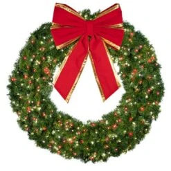 60" Lit Pure White And Red Deluxe Oregon Fir Wreath - Bow Option Available -Christmas Designers w 60 dofl 6 pwr b vb 18 rgt